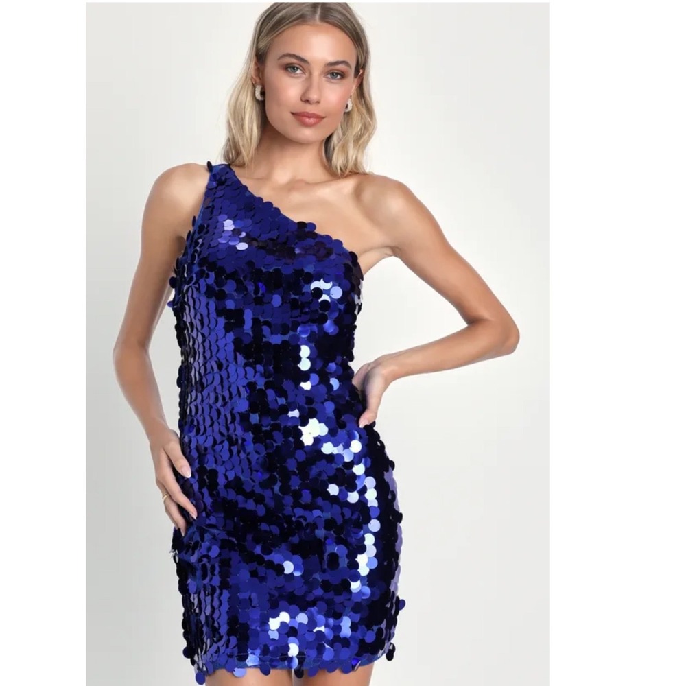 Lulus Seize the Sparkle Dark Blue Sequin One-Shoulder Mini Dress Size Large